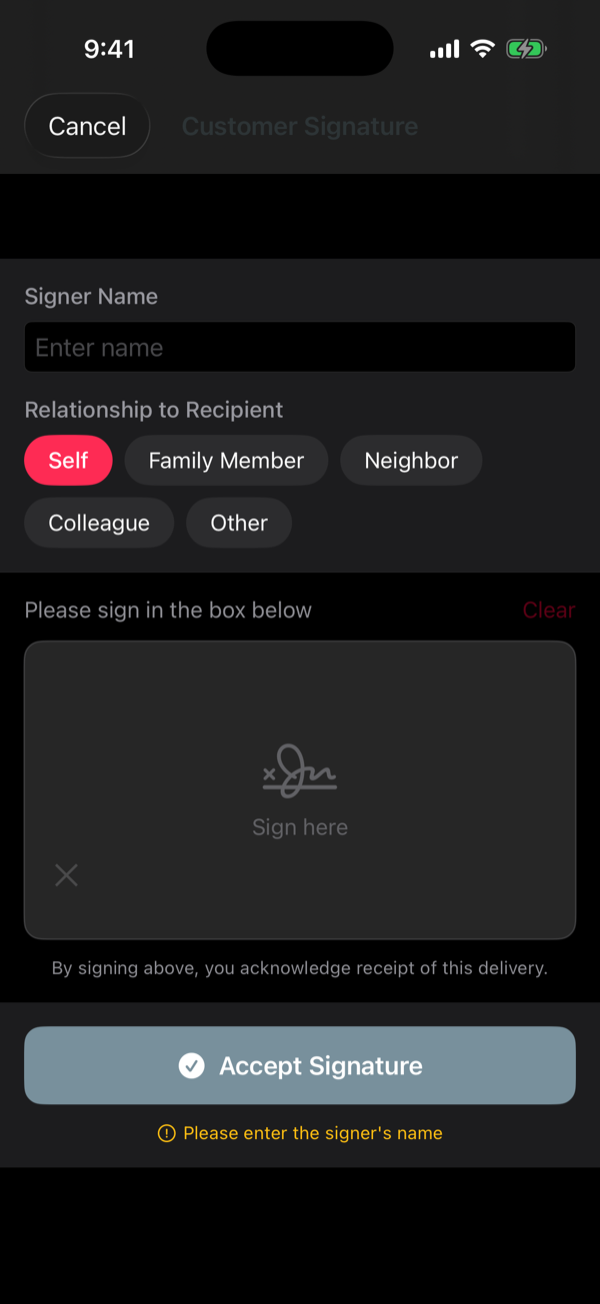 Signature capture for proof of delivery